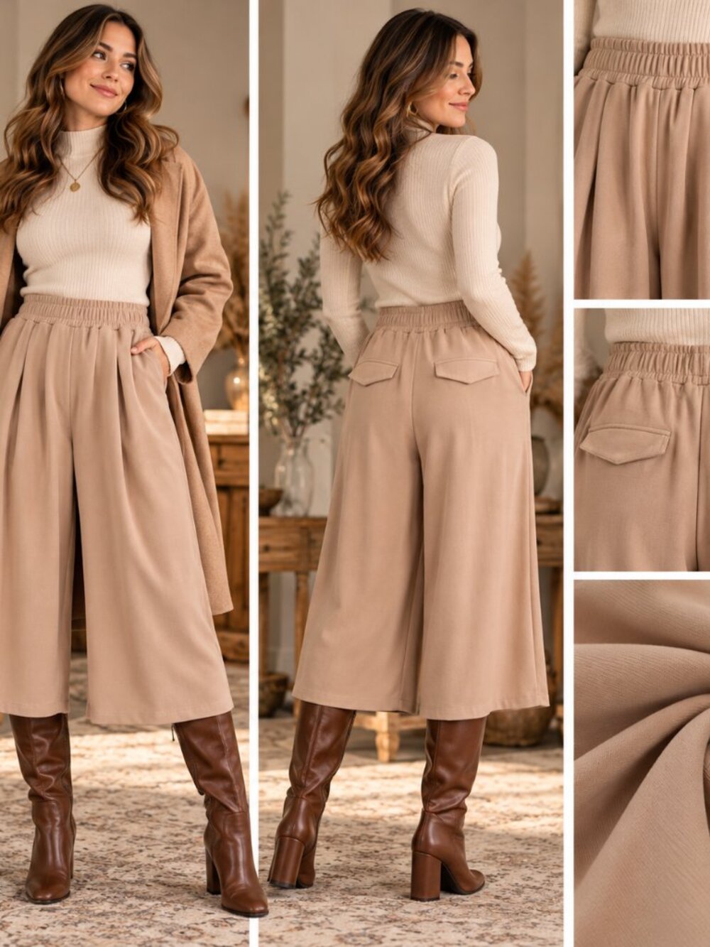 Rielle XL Blush Beige Wide Leg Cropped Pull On Pants Pleated Elevated Basic